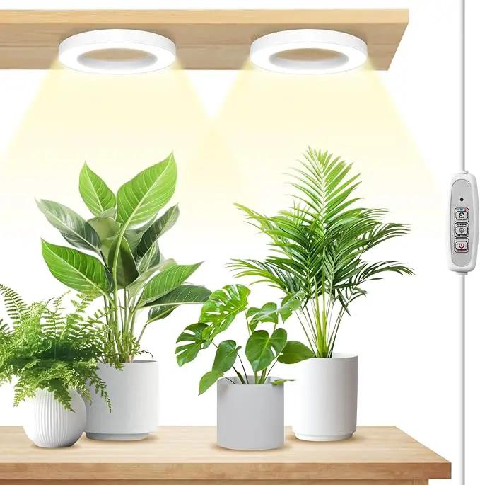 LORDEM 6.3” Ceiling Grow Light for Indoor Plants, 144 LEDs Full Spectrum Halo Grow Lamp, Under Cabinet Plant Lamp with 4/8/12H Auto Timer, 4 Dimmable Brightness Levels, Ideal for Pot Plants, Dual Head by GreenHaven Gardens