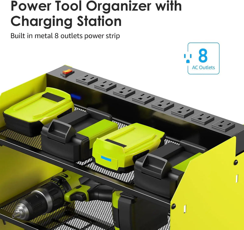 CCCEI Modular Power Tool Organizer Wall Mount Charging Station, Green 6 Drills Holder with 8 Plug Power Strip 6FT, Garage Drill Battery Heavy Duty Metal Shelf, Utility Rack with Hooks, Side Storage. by GreenHaven Gardens