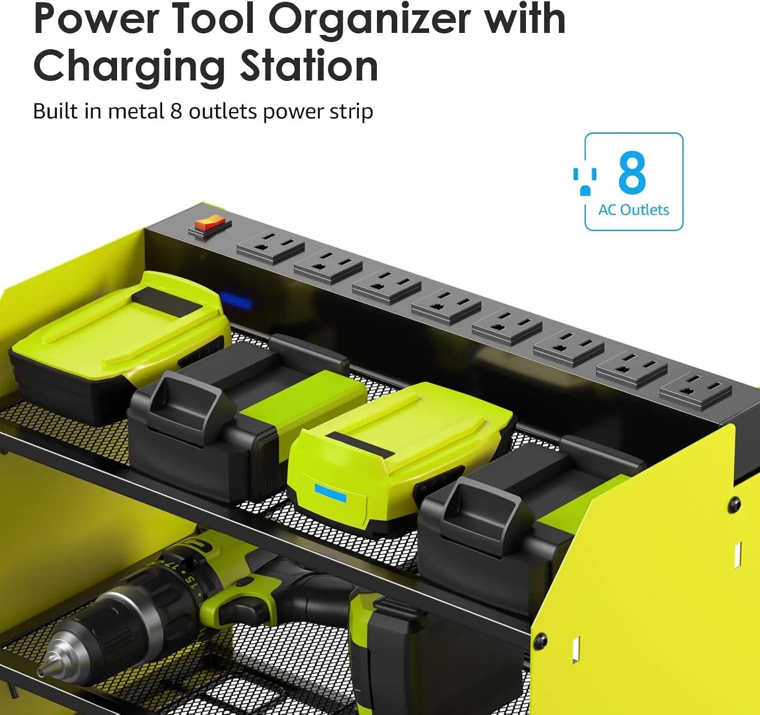 CCCEI Modular Power Tool Organizer Wall Mount Charging Station, Green 6 Drills Holder with 8 Plug Power Strip 10FT, Garage Drill Battery Heavy Duty Metal Shelf, Utility Rack with Hooks, Side Storage. by GreenHaven Gardens