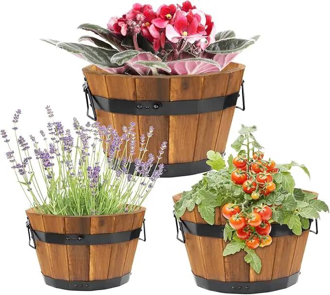 IDZO Set of 3 Wooden Upgraded Brown Orange Flower Boxes Outdoor, Durable Acacia Wood Barrel Planters for Outdoor Plants with Ergonomic Handles, Drainage Holes, Multiple Sizes Wood Bucket Planter by GreenHaven Gardens