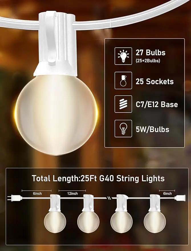 25FT Frosted White Lights G40 Globe Outdoor String Lights Patio Lights with 25 Frosted White Globe Bulbs - White Wire by GreenHaven Gardens