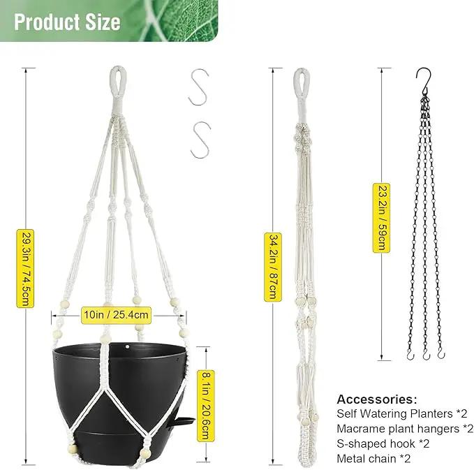 10 inch Self Watering Hanging Planters, 2 Pack Hanging Baskets for Indoor Outdoor Plants, Hanging Flower Pots with Drainage Holes & 2 Kinds of Plant Hangers for Garden Home Decor, Black by GreenHaven Gardens