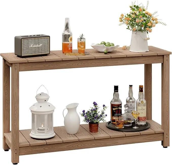 Outdoor Console Table, 48" Weather Resistant HIPS Patio Side Table, 440LBS Weight Capacity, 2-Tier Multifunctional Buffet Bar Storage Organizer for Garden Deck, Teak by GreenHaven Gardens