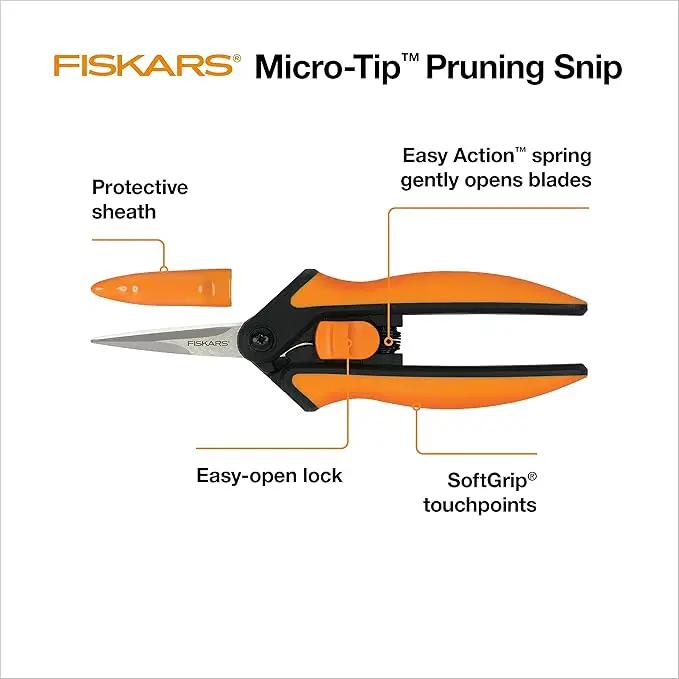 Fiskars Micro-Tip Pruning Snips - 6" Garden Shears with Sheath and Comfort Grip - Sharp Steel Blades - Quality Pruning Shears for Plants in Grow Tents and Hydroponics - Garden Tools by GreenHaven Gardens
