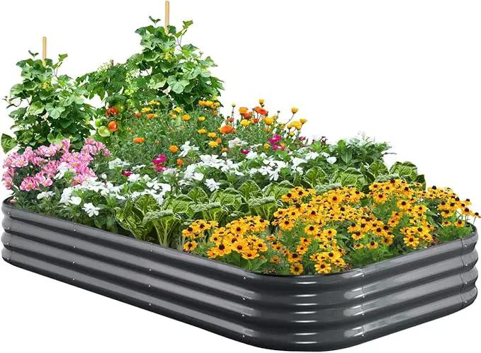 Quictent Galvanized Raised Garden Bed Kit, 8x4x1 ft Oval Metal Planter Box for Vegetables, Rubber Strip Edging Included (Dark Gray) by GreenHaven Gardens