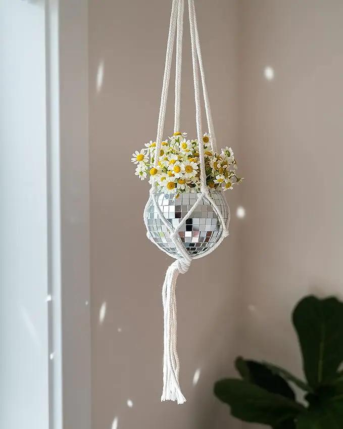Hanging Disco Ball Planter 8" - with Acrylic Stand and Macrame Plant Hanger - Home Décor, Room Décor, Patio or Boho Décor, Mirror Disco Planter, Disco Decor (4" Mini with Base) by GreenHaven Gardens