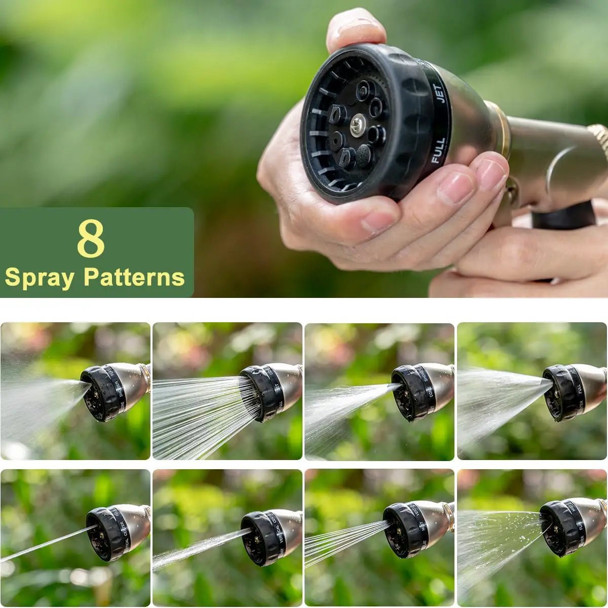 FANHAO Heavy Duty Garden Hose Nozzle, 100% Metal Water Nozzle with 8 Adjustable Spray Patterns, High Pressure Hose Sprayer with Non-Slip Grip for Watering Plants & Lawns, Washing Cars & Pets -Silver by GreenHaven Gardens