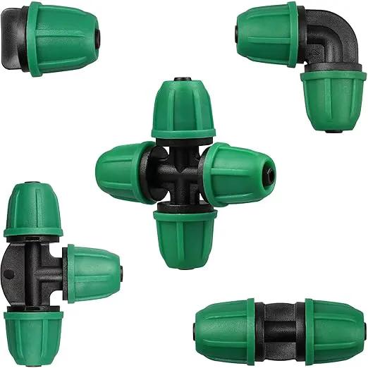JAYEE 50 Pcs Drip Irrigation Fittings Kit for 1/4 Inch Tubing, Drip Line Parts for Drip Systems - 20 Tee, 12 Coupling, 8 Elbow, 5 Barbed 4-Way Cross, 5 End Closure - Barbed Locked Nuts Connectors by GreenHaven Gardens