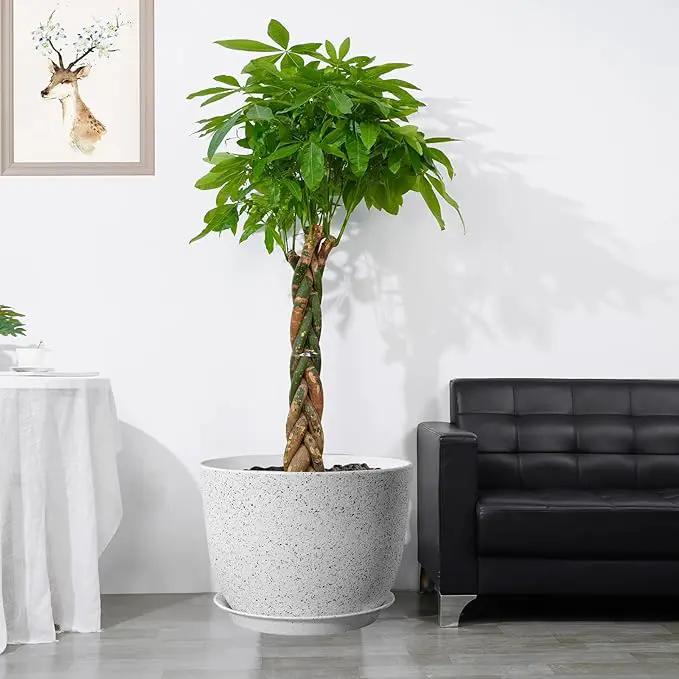 12/10/9 Large Modern Plant Pots, Plastic Planters with Drainage Holes and Saucers for Indoor Outdoor Plants Flowers, White Speckles by GreenHaven Gardens
