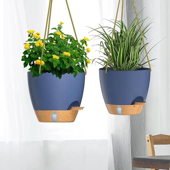 ZMTECH 10 Inch Hanging Planters for Indoor Outdoor Plants, 2 Pack Self Watering Hanging Plant Pots with Drainage Holes and Removable Saucer, Plastic Flower Hanging Pots with Watering Lip (Blue) by GreenHaven Gardens
