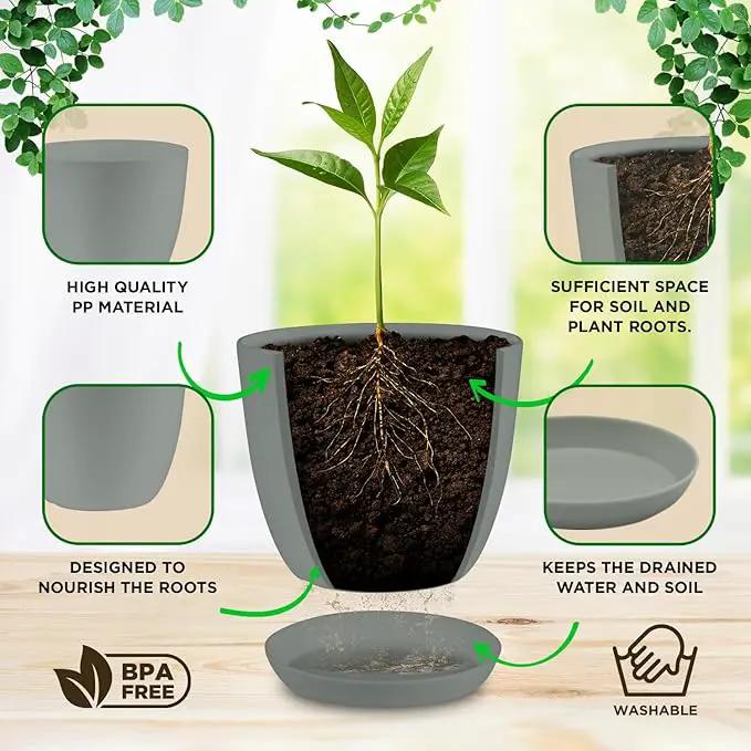 Planter Pots with Drainage Holes - Lightweight, Durable & Space-Saving Pots for Indoor and Outdoor - Versatile Functionality, Simple Modern Design, Set of 10 Plastic Planter Pots - Gray by GreenHaven Gardens