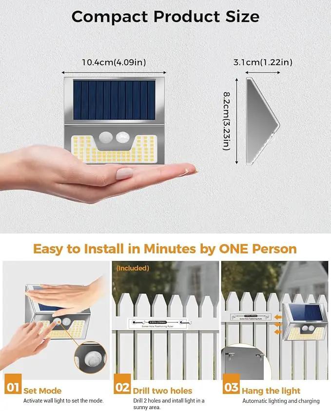 12 Pack Solar Lights Outdoor Motion Sensor, Waterproof Fence Lights 3 Lighting Mode, Warm White LED Outside Lights Wireless for Fence Wall Yard Steps Stairs Garden - Stainless Steel by GreenHaven Gardens