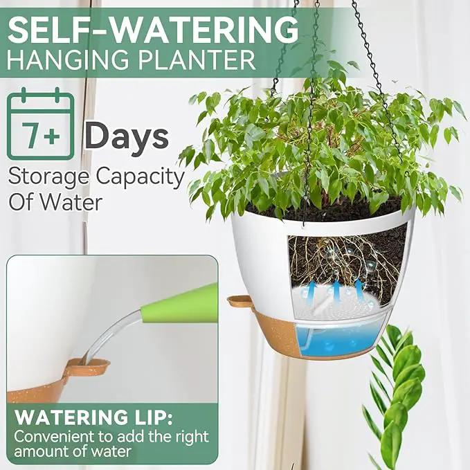 ZMTECH 12 Inch Hanging Planters for Indoor Outdoor Plants, 1 Pack Self Watering Hanging Plant Pots with Drainage Holes and Removable Saucer, Plastic Flower Hanging Pots with Watering Lip (White) by GreenHaven Gardens