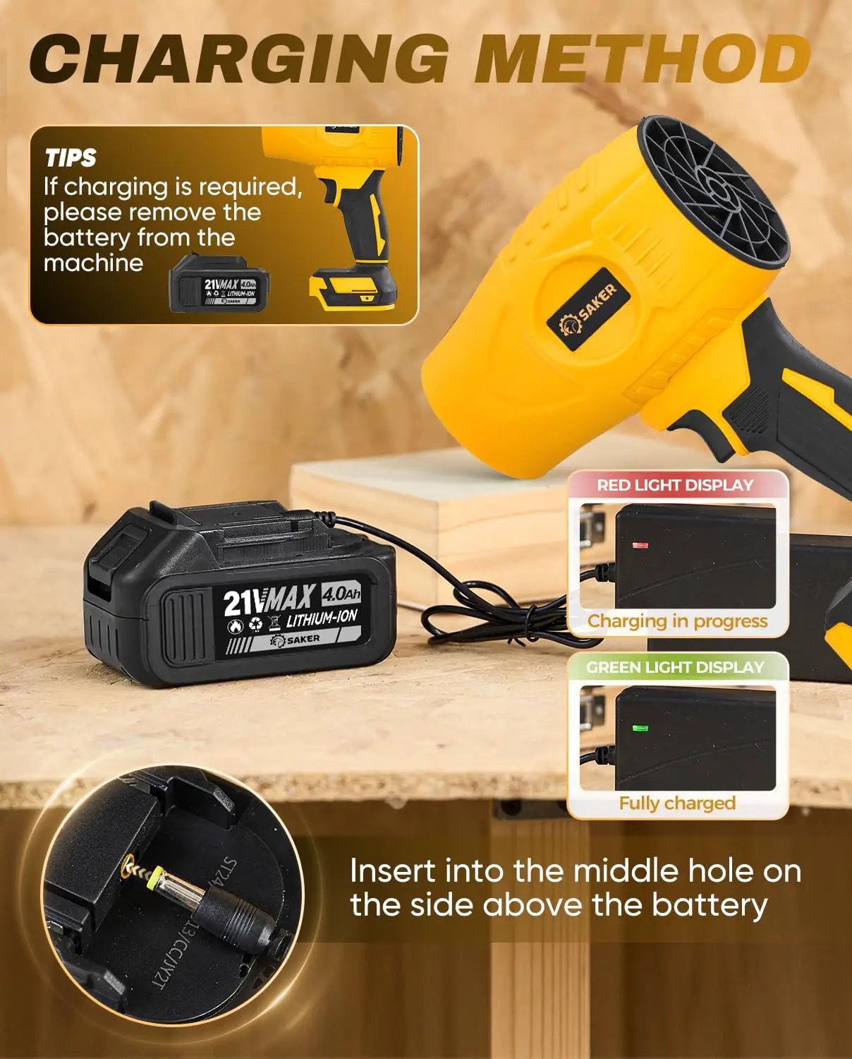 Saker Handheld Cordless Leaf Blower Portable Dust Cleaner 180000 RPM Compressed Air Duster with Adjustable Speed for Drying Patio Cleaning Camping 2 x 4.0Ah Battery Yellow by GreenHaven Gardens