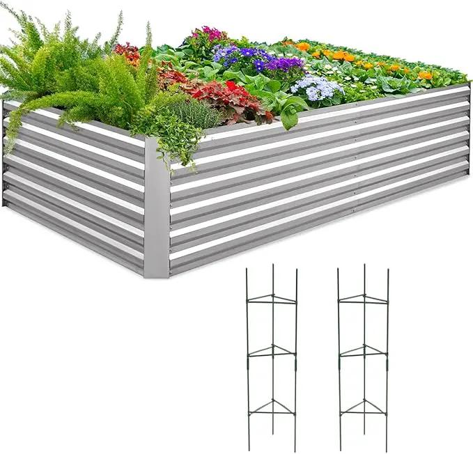 Quictent Galvanized Raised Garden Bed 8x4x2 Ft Tall Metal Planter Box for Vegetables Outdoor Bottomless for Backyard, 2 Tomato Cages Included, 22.04" Deep (Silver) by GreenHaven Gardens