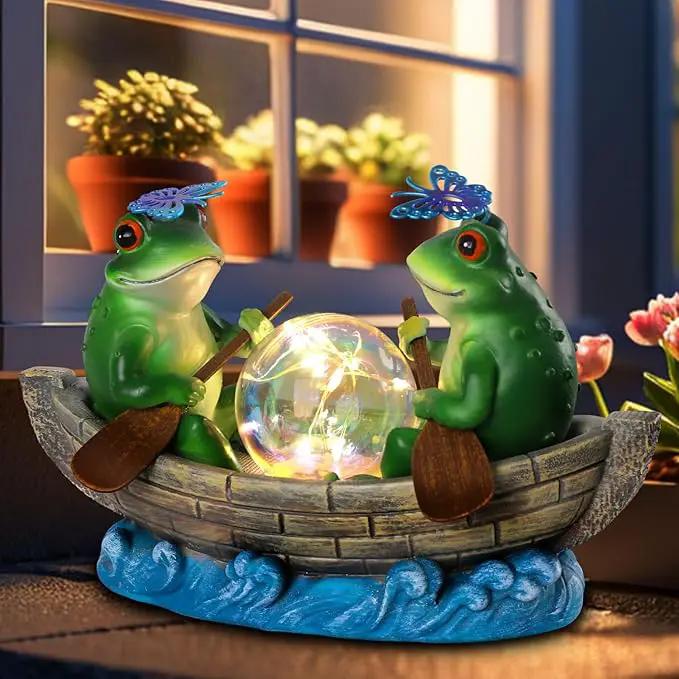 Solar Frog Boating Garden Statue with Ball Light 5.1" Resin Frogs Decor for Home Front Door Patio Porch Balcony Women Gardeners Moms Wives Girlfriends by GreenHaven Gardens