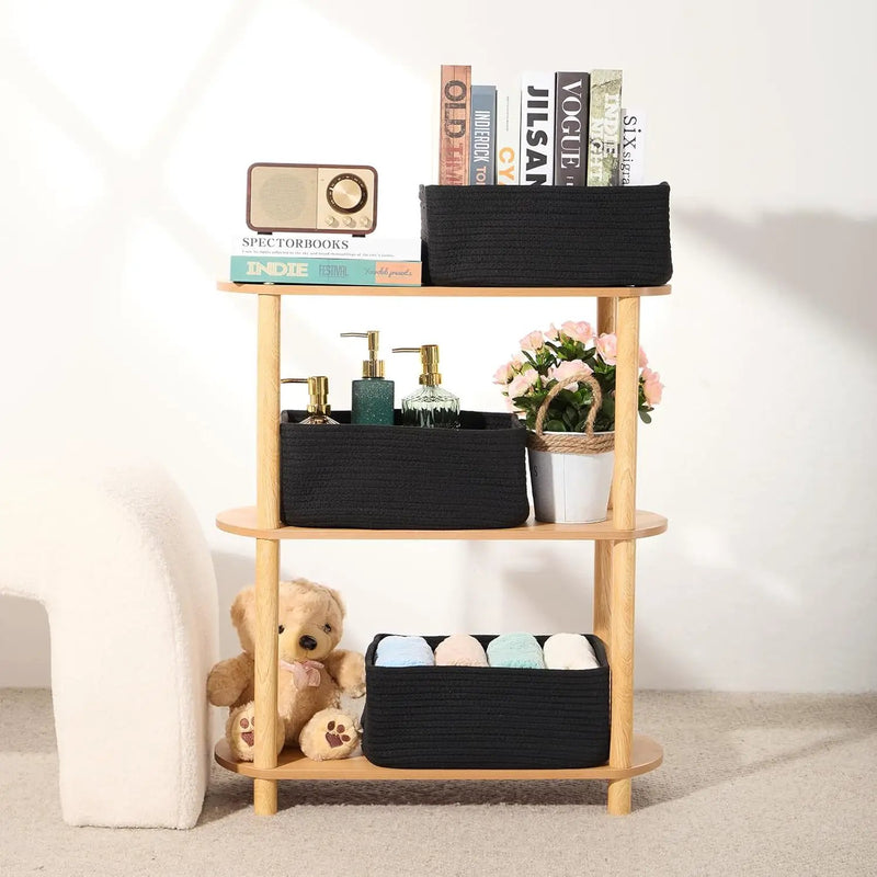 Small Storage Baskets for Organizing | Closet Organizer Bins | Shelf Toy Basket | Woven Rope Baskets | Cube Decorative Box | Shallow Basket | 13x8.5x5.1” | 4 Packs Black by GreenHaven Gardens