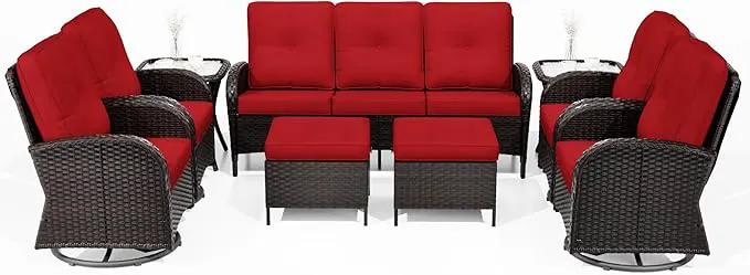 Joyside 9 Piece Patio Furniture Set, Outdoor Wicker Conversation Sets with Swivel Rocker Chairs and Sofa, Thick Cushion, Rattan Patio Sectional for Porch, Deck Use (Brown/Red, 9 PCS) by GreenHaven Gardens