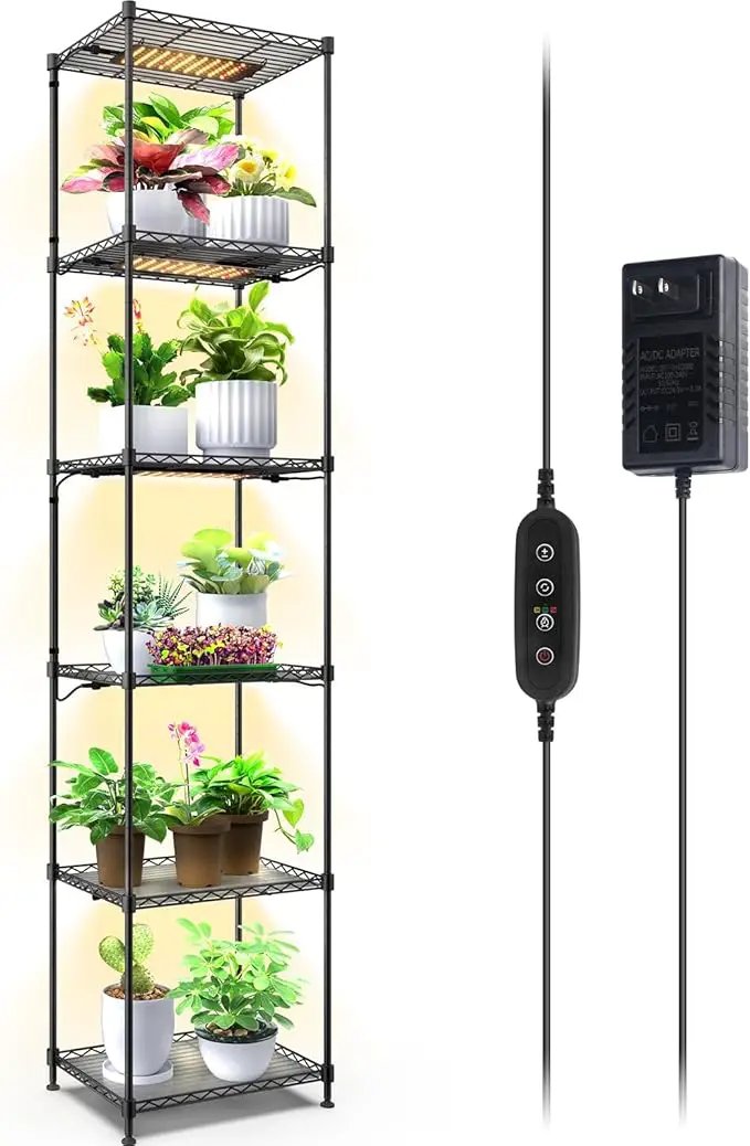 Barrina Plant Stand with Grow Lights, 6-Tier Plant Shelf with 5-Pack 50W Full Spectrum Ultra-Thin Grow Light Panel, 3 Modes, Auto Timer, Ladder Flower Pot Stand Display Rack 15.7"L x 11.8"W x 70.9"H by GreenHaven Gardens