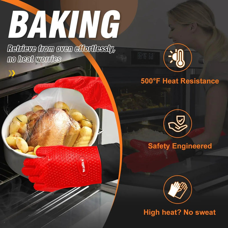Walfos Silicone BBQ Gloves - Heat Resistant Grilling Gloves, Premium Non-Slip Kitchen Silicone Oven Mitt with Protective Cotton Layer Inside, Waterproof, Great for Grilling, Kitchen and Cooking, Red by GreenHaven Gardens