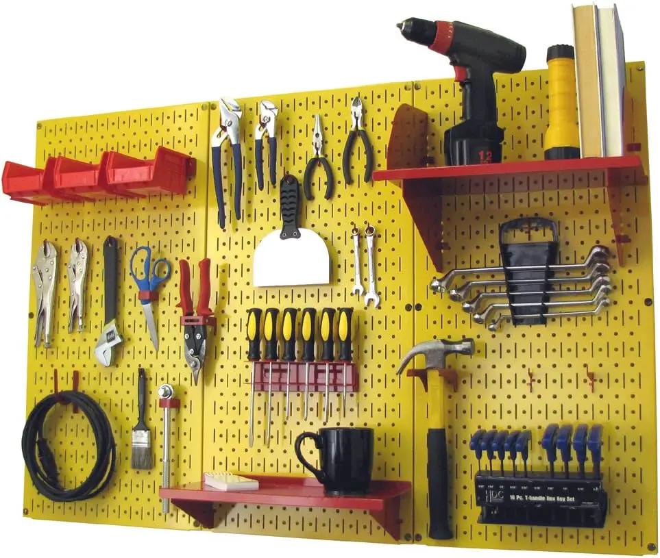 Wall Control Pegboard Organizer 4 ft. Metal Pegboard Standard Tool Storage Kit with Yellow Toolboard and Red Accessories by GreenHaven Gardens