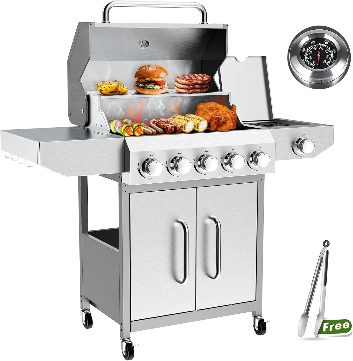 BESTFIRE 68,000 BTU 5+1 Burner Propane Grill - Stainless Steel BBQ with 647 sq in UPGRADED OIL-DRAIN Plates, Cast Iron Grates, Side Burner + FREE Food Clip for Outdoor Cooking by GreenHaven Gardens