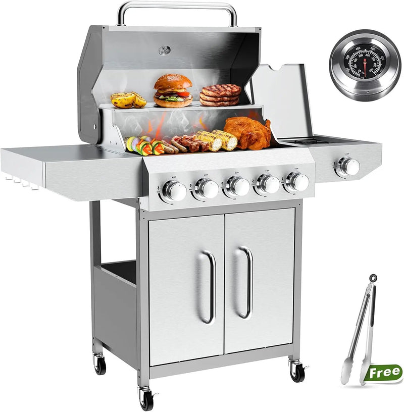 BESTFIRE 68,000 BTU 5+1 Burner Propane Grill - Stainless Steel BBQ with 647 sq in UPGRADED OIL-DRAIN Plates, Cast Iron Grates, Side Burner + FREE Food Clip for Outdoor Cooking by GreenHaven Gardens