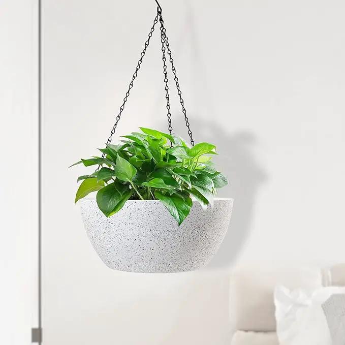 13 inch Large Hanging Planters Plant Pots for Outdoor Indoor Plants with Drainage Holes and Chain, 2 Pack Round Hanging Flower Pots for Garden Home Porch Decor, Speckled White by GreenHaven Gardens