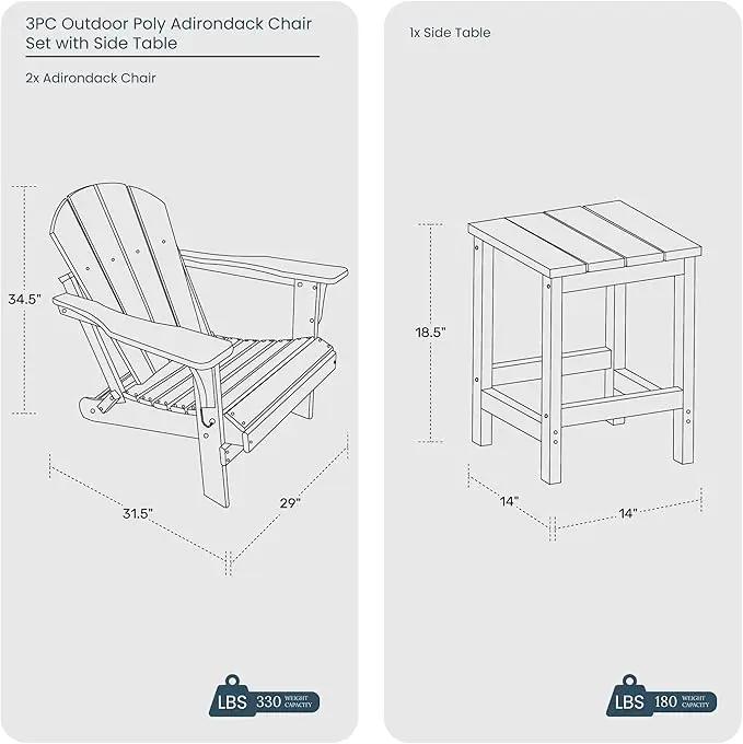 WO Home Furniture Adirondack Chair Table Set of 2 PCS Outdoor Folding Chair w Side Table Weather/UV Resistant for Lawn, Garden, Bon Fire, Balcony (Sand) by GreenHaven Gardens