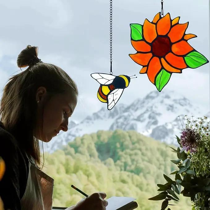 2 Packs Sunflower Gifts for Mom Grandma, Honey Bee Sunflower Stained Glass Window Hanging, Sun Flower Suncatcher for Window, Bee Themed Gifts for bee Lovers by GreenHaven Gardens