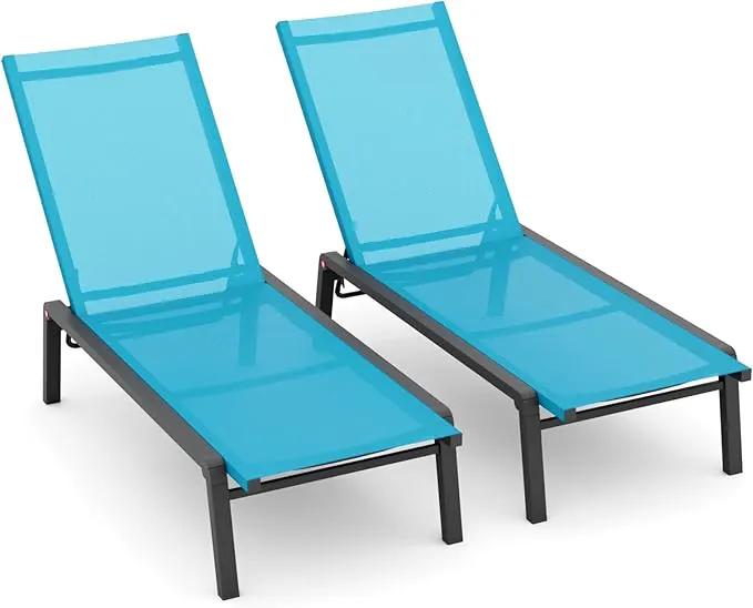 Patio Chaise Lounge Set of 2 with 4 Adjustable Backrest, Foldable Aluminum Chaise Lounge Chair Recliner for Outdoor, Poolside, Sun Tanning Blue by GreenHaven Gardens