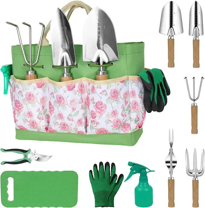 LeMotech Garden Tools Set, 10-Piece Heavy Duty Garden Hand Tools Kit with Wooden Handle, Durable Organizer Bag for Garden Supplies, Gardening Gifts for Women Grandmother, Pink Floral Pattern by GreenHaven Gardens