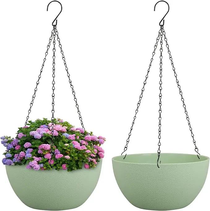 10 inch Hanging Planters Plant Pots for Indoor Outdoor Plants, 2 Pack Hanging Flower Pots with Drainage Holes and Chain for Garden Porch, Plastic Hanging Baskets for House Plants, Green by GreenHaven Gardens