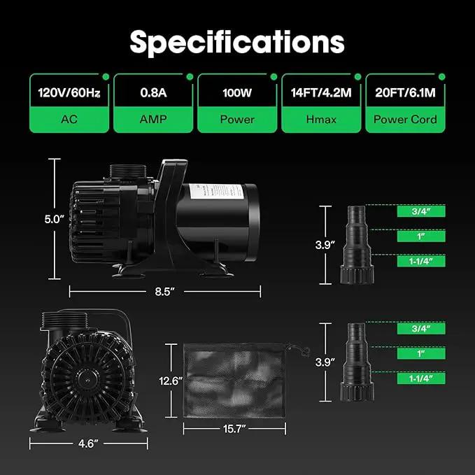 VIVOSUN 1800 GPH Submersible Water Pump with Barrier Bag, 100W Pond Pump with 14FT. Lift Height, Ultra Quiet Aquarium Pump for Pond, Waterfall, Fish Tank, Statuary, Hydroponic by GreenHaven Gardens