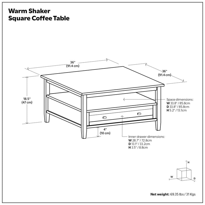Warm Shaker - Square Coffee Table - Tobacco Brown by Unique Piece Furniture