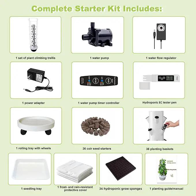 Hydroponic System Kit, Hydroponic Vertical Garden, Lettuce & Herb Starter Kit, with 36 Plant Holes, 9-Tier Indoor Outdoor Growing Tower with Climbing Trellis and Timer by GreenHaven Gardens