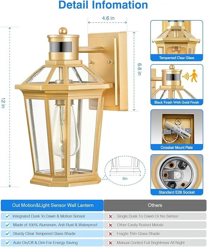 VIANIS Outdoor Wall Lights Lantern, 2 Pack Gold Motion Sensor Proch Light, Dusk to Dawn Weather Resistant Exterior Lights for House Sconce, Waterproof Garage Lights with Clear Glass Shade by GreenHaven Gardens