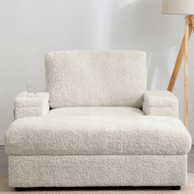 Oversized Chaise Lounge Indoor Rabbit Fur Sofa Bed With Storage Ottoman And Armrests Cup Holders With Deep Seat by HouseOfZazla