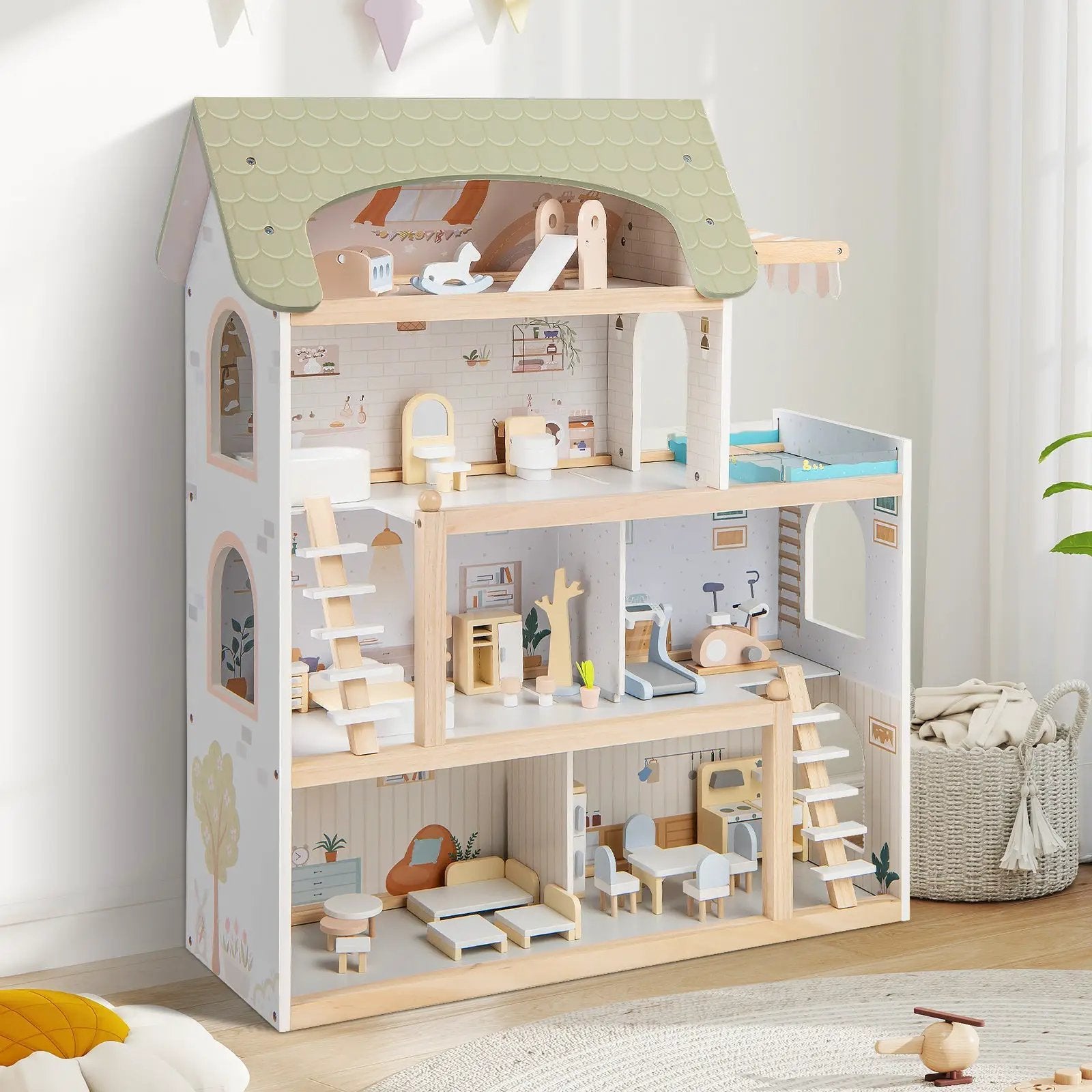 Wooden Dollhouse Kids DIY Pretend Playhouse with 33 PCS Furniture Accessories-Green by DirectDeals