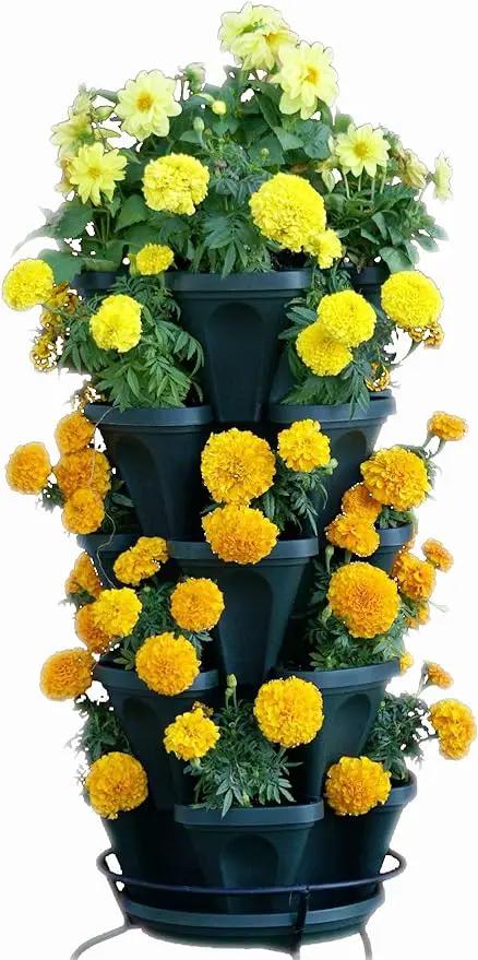Mr. Stacky 1305-HG 5-Tier Stackable Strawberry, Herb, Flower, & Vegetable Planter - Vertical Gardening Indoor / Outdoor Stacking Garden Pots Hunter Green, 22.5 Quarts by GreenHaven Gardens