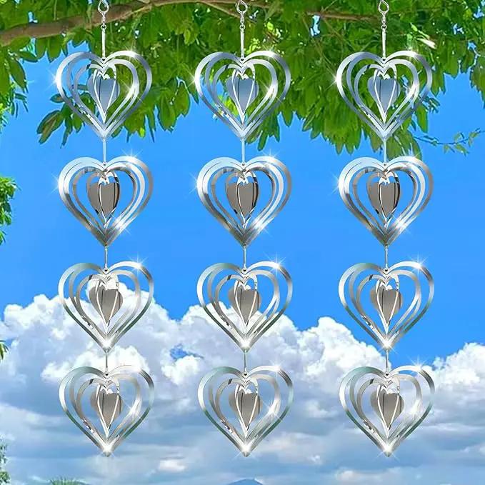 12 Metal Heart Bird Scarer Discs Set, Wind Spinners 3D Helix Reflector Stainless Steel Sparkly Outdoor Garden Decor, Scare Birds & Animals Away from Garden Yard Patio Lawn Farm Wind Sculpture Gifts by GreenHaven Gardens