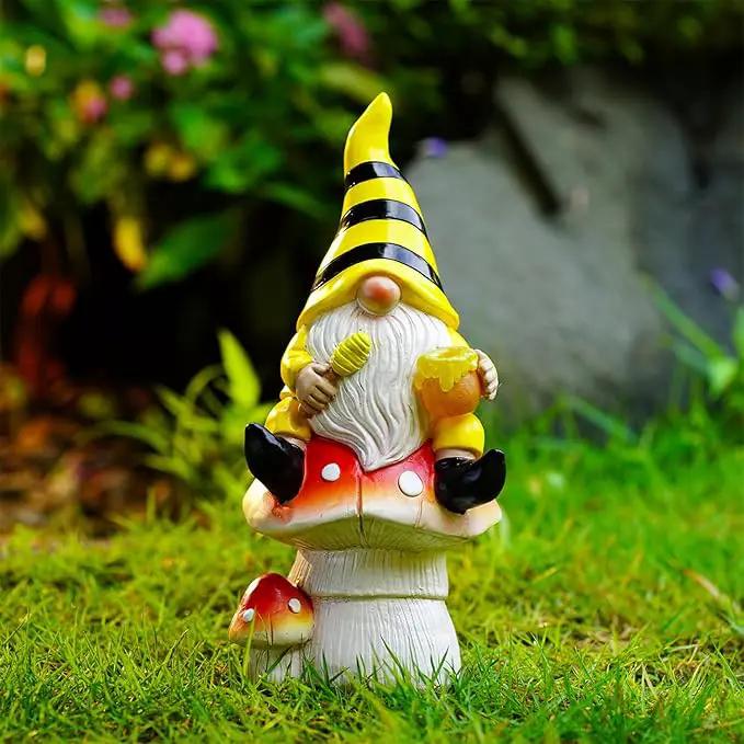 Solar Gnome Decor for Outside - Garden Beer Gnome Outdoor with Solar Lights, Sitting on Mushrooms - Perfect Housewarming or Women's Gifts (Yellow) by GreenHaven Gardens
