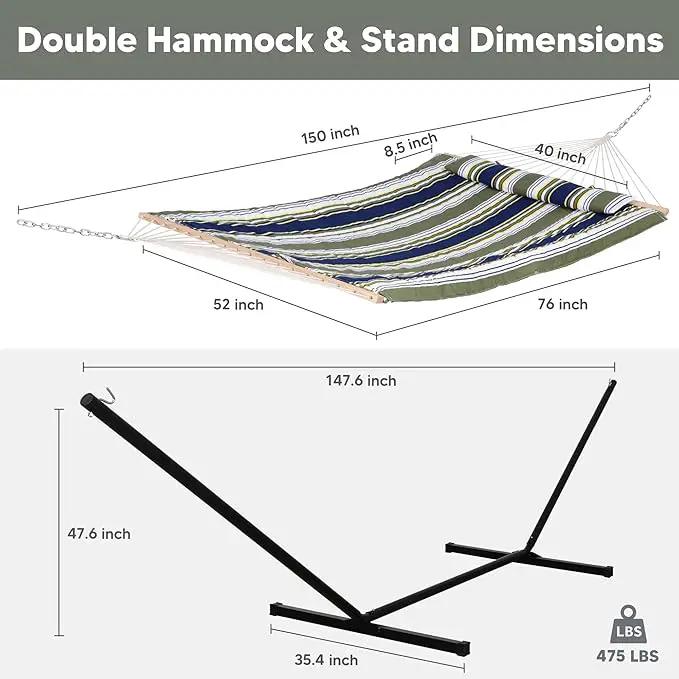 SUNCREAT Hammocks Double Outdoor Hammock with Stand, Cotton Rope Two Person Hammock with Polyester Pad & Large Pillow, Blue& Gray by GreenHaven Gardens