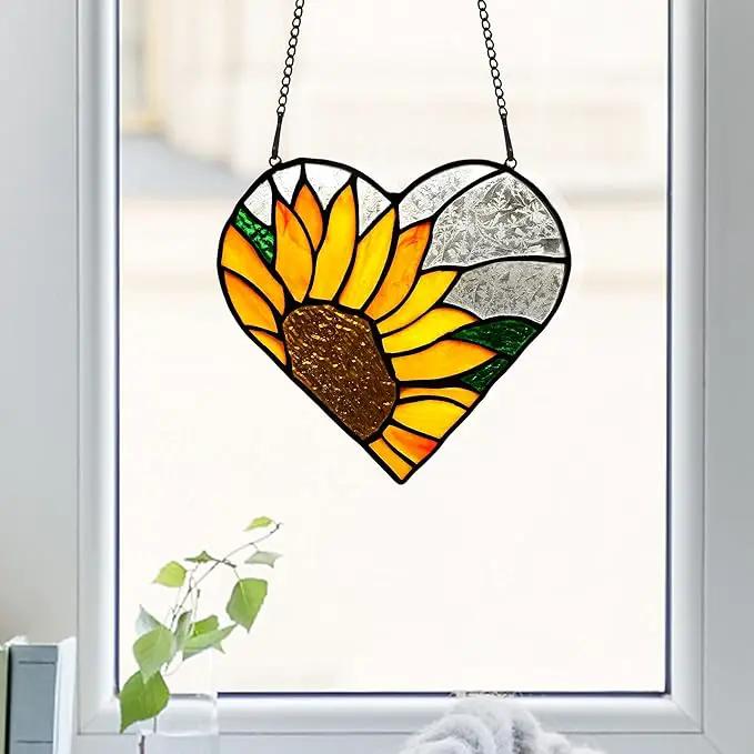 BOXCASA Sunflower Stained Glass Window Hangings,Sunflower Stained Glass Suncatcher,Heart Shape Sunflower Best Teacher Gifts for Women Birthday,Sunflower Decoration for Home Indoor Window by GreenHaven Gardens