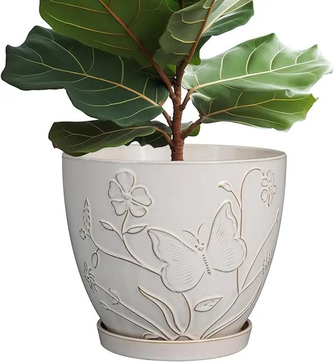 10 Inch Plant Pot Ceramic Planter Pot with Drainage Hole and Saucer Round Planter Large Flower Pot for Indoor Outdoor Plants Home Garden Decor White by GreenHaven Gardens