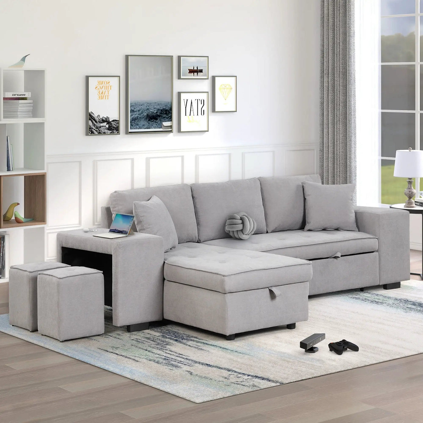 Modern L-Shape 3 Seat Reversible Sectional Couch, Pull Out Sleeper Sofa With Storage Chaise And 2 Stools For Living Room Furniture Set by Unique Piece Furniture