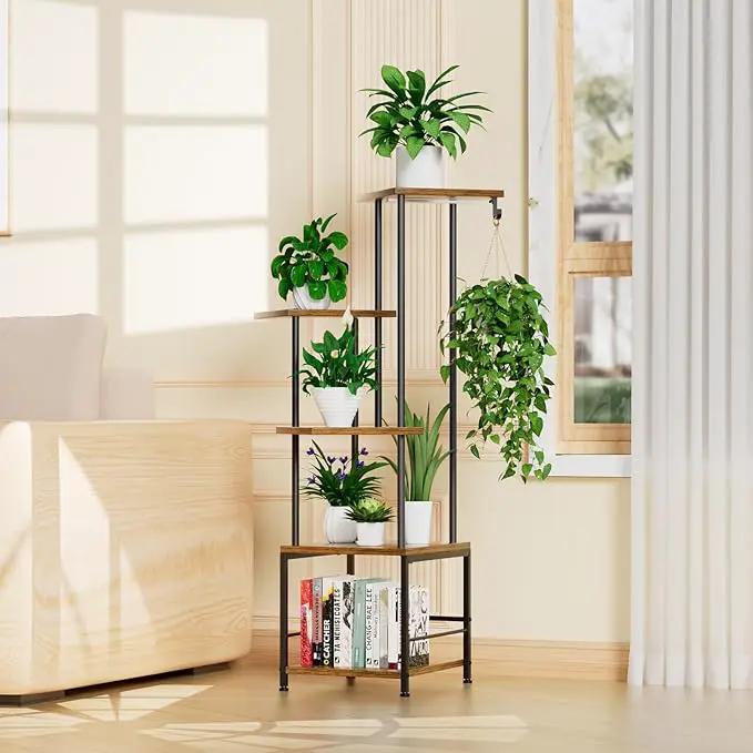 Plant Stand Indoor with Grow Light, 5-Tiered Tall Plant Stand Indoor, Metal Plant Shelf with Hanging Basket Hook and Adjustable Light, Ideal for Living Room, Garden, Patio (Black Brown) by GreenHaven Gardens