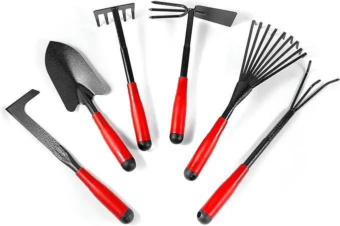 Set of 7 Gardening Tool Set, Rust-Resistant Handy Tools for Gardening, Ideal Gardening Gift Set, Including Trowel, Weeder, Hoes, and Rakes (Red) by GreenHaven Gardens