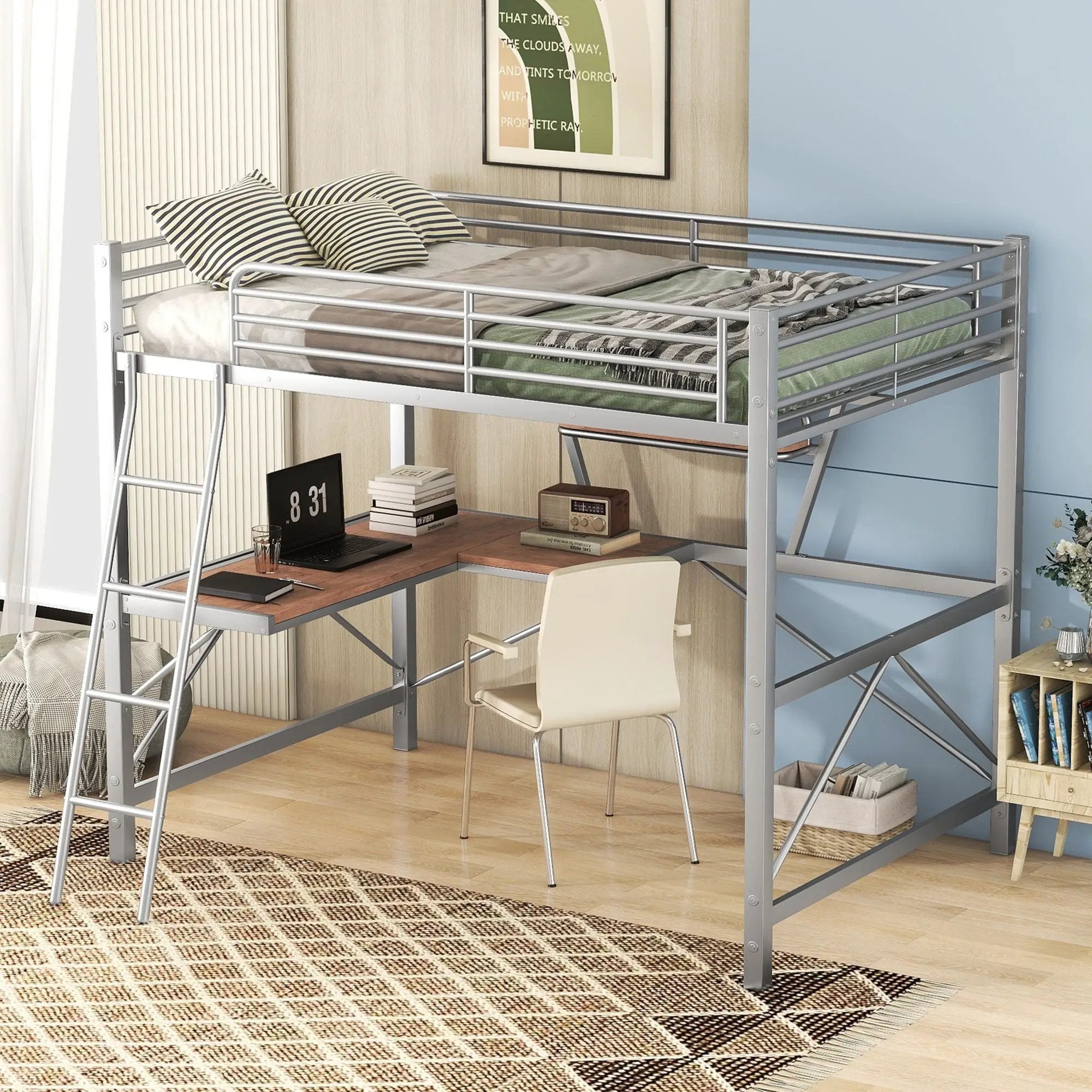 Loft Bed With Desk And Shelf, Modern Design