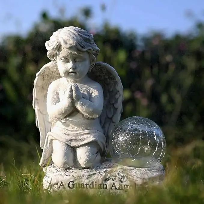 Angel Decor Praying Cherubs Statue, Garden Decor with Solar Crackle Glass Globe for Lawn Patio Decorations by GreenHaven Gardens